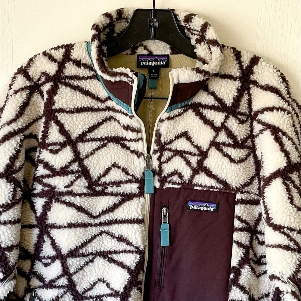 Patagonia Retro-X Deep Pile Fleece Jacket Pine‎ Stamp Brown Cream Small EUC